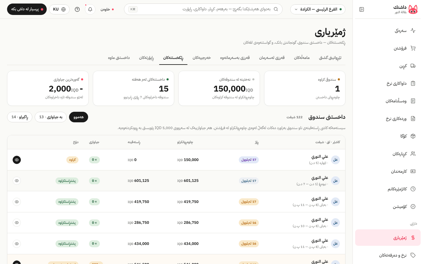 شاشەی یەکلاکردنەوە و شیفتەکان لە داشنک