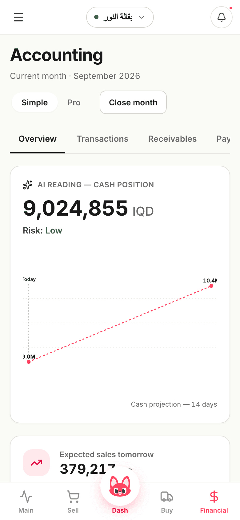 Screenshot of the accounting overview: cash, and what customers owe